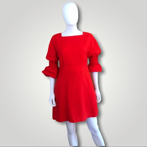 Line & Dot Long Sleeve Red Dress w Gold Buttons - Picture 4 of 7
